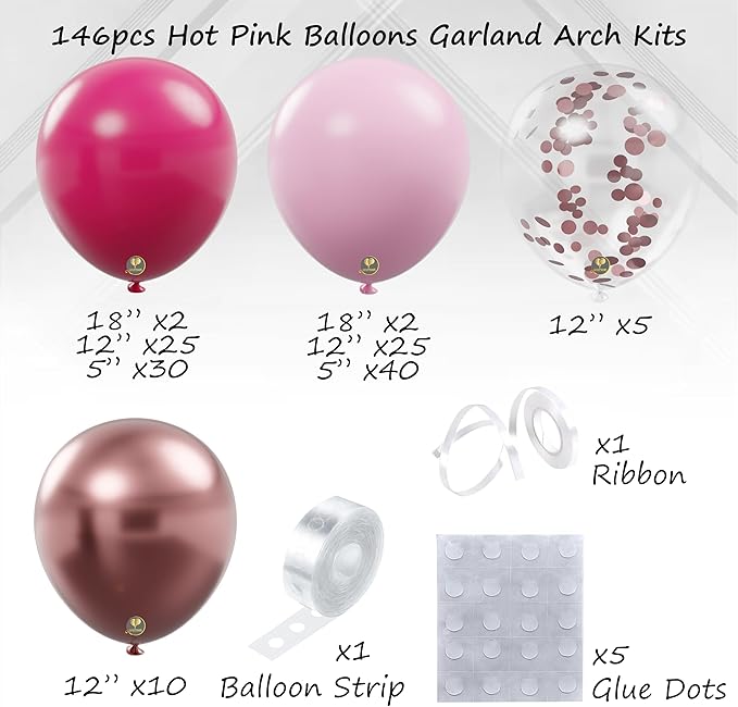 AFTERLOON® Biodegradable Balloons 146pcs Hot Pink Metallic Confetti Different Sizes 18" 12" 10" 5" Balloon Garland Arch Kit perfect for Birthday Party Decorations, Baby Shower, Wedding and Anniversary