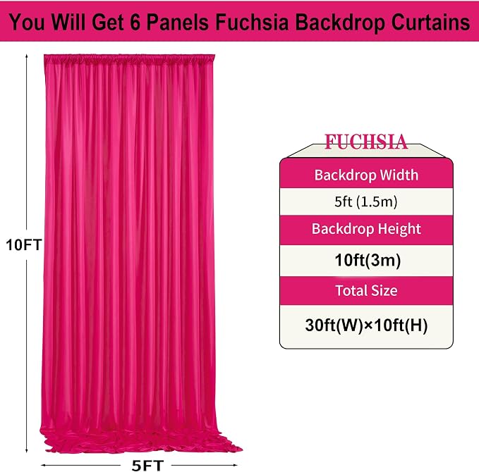 30ft x 10ft Fuchsia Wrinkle Free Backdrop Curtains for Parties,6 Panels 5×10ft Thick Silky Polyester Hot Pink Photo Backdrop Drapes Curtain for Barbie Party Wedding Birthday Baby Shower Photography