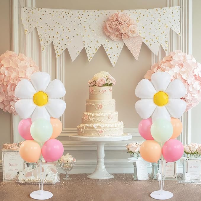 Daisy Party Balloons Stand Kit 2 Sets with 2 White Daisy Flower Foil Balloons Fresh Flower 1st Party Balloon Centerpieces for Tables for Spring Theme Mothers Day Daisies Themed Birthday Decorations