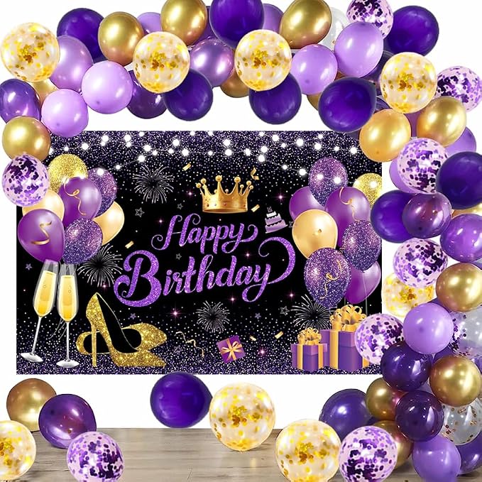 63 PCS Purple Gold Birthday Party Balloons Decoration for Girl Women | with Photo Backgrounds Backdrops, Happy Birthday Sign Banner Cloth, Confetti Balloon
