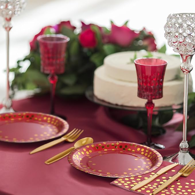 Tegeme 256 Pcs Maroon and Gold Dot Party Supplies Serve 36 Guest Burgundy Red Paper Plates Napkin Tablecloth Disposable Dinnerware Plastic Fork Knives Cup for Birthday Baby Shower Wedding Decoration