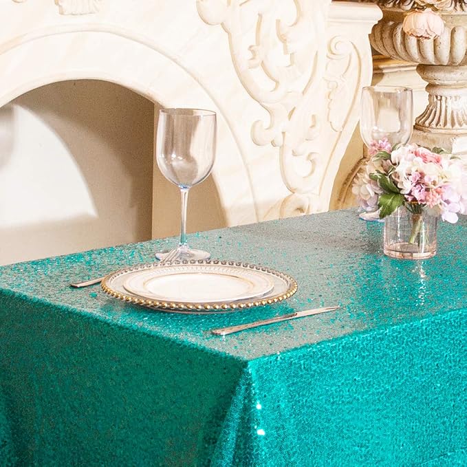 Juya Delight 90" x 132" Teal Sequin Rectangle Tablecloth for Wedding Birthday Party Festival Ceremony Cake Dessert Table
