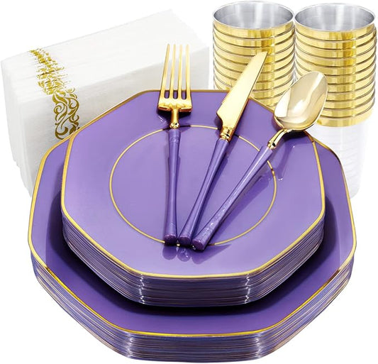KIRE 140Pcs Purple Plastic Plates with Gold Rim& Gold Disposable Plastic Silverware with Handle&Clear Cups&Hand Napkin- Geometric Purple Plastic Plates for Parties/Wedding