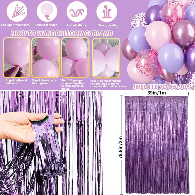 Birthday Decorations Set, Purple Party Decoration with Purple Balloons, Banner, Pom Poms, Fringe Curtain Background, Birthday Crown, Shoulder Strap for Girls Women Party Supplies