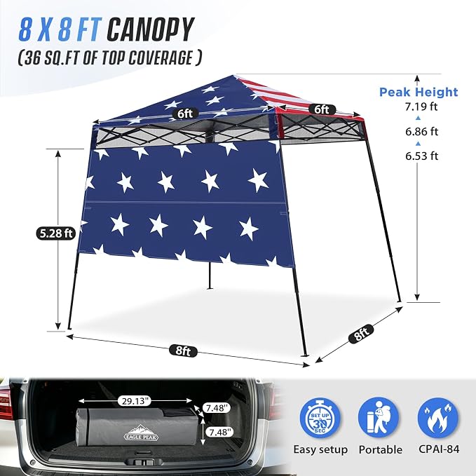 EAGLE PEAK 8x8 Pop Up Canopy Tent with Sidewall, Compact, Portable Slant Leg Instant Sun Shelter for Beach, Sports, & Camping, 8x8 Base 6x6 Top, American Flag