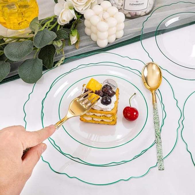 Liacere 150PCS Clear and Green Plastic Plates - Disposable Plates with Glitter Bamboo Handle Cutlery - 60 Baroque Elegant Plates,30Forks,30Spoons,30Knives for Wedding & Party