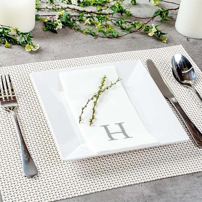 Luxenap 15.8 X 7.9 Inch Linen-Feel Guest Towels, 2000 Lettered Hand Towels - Silver Letter 'H', Sans Serif Font, White Paper Dinner Napkins, airlaid, For Restrooms And Tables - Restaurantware
