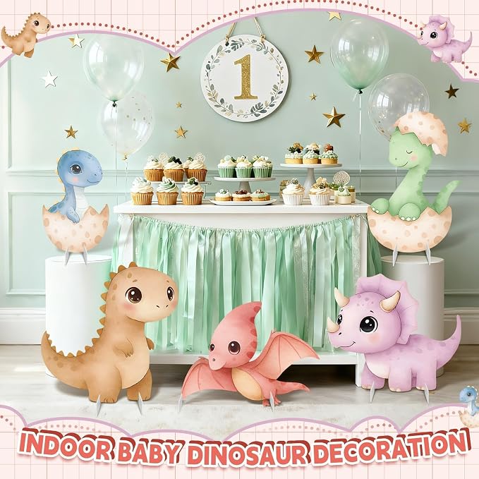 5Pcs Dinosaur Baby Shower Decorations, Large Baby Dinosaur Cardboard Cutout Standup, Dino Themed Birthday Party Signs for Photo Booth Props Backdrops Decor Cartoon Party Supplies