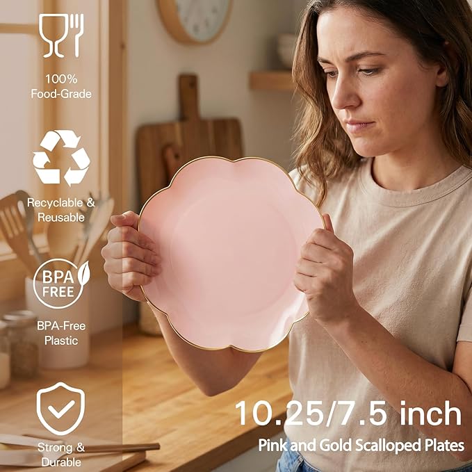 supernal 60pcs Pink Scalloped Plastic Plates with Gold Rim,Heavy Duty Plastic Disposable Plates Includes:30 Dinner and 30 Dessert Plate Perfect for Wedding, Bridal Shower, Mother's Day&Parties