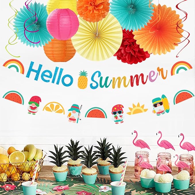 Summer Luau Hawaiian-Beach Party-Decorations Supplies - 21pcs Hello Banner,Pool Paper Lanterns Honeycomb,Hanging Streamers Garland,Tissue Pom Poms Flowers Fans,Tropical Outdoor Theme Decor Burgleda