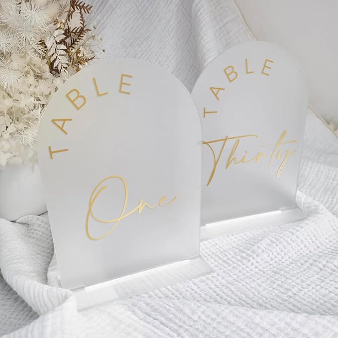 JINMURY Frosted Arch Wedding Table Numbers 1-30 with Stands, 5x7 Inch Acrylic Arch Sign with Golden Lettering, Frosted and Gold Table Numbers for Wedding Reception