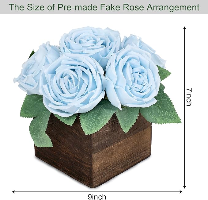 Dining Table Centerpiece Set of 6 - Pre-Made Aritifial Rose with Wooden Vase Fake Floral Arrangment Faux Flower for Wedding Bridal Tea Party Event Decorations - Blue