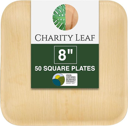 Charity Leaf 8" Square Palm Leaf Plates (50-pack) | Eco-friendly, Heavy Duty | For Parties, Weddings, BBQs & Catering