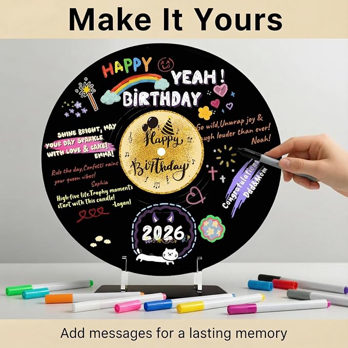 ReeGii Vinyl Record Guest Book for Birthday Decorations - Large 11.6"x11.6" Birthday Party Sign Poster with 12 Pens,Unique Keepsake Gift for Friends and Family