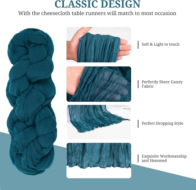 24 Pack Teal Cheesecloth Table Runner,Gauze Boho Long Cheese Cloth Table Runner 17x108 inch Rustic Table Runners for Wedding Party Bridal Shower Banquet Table Decorations