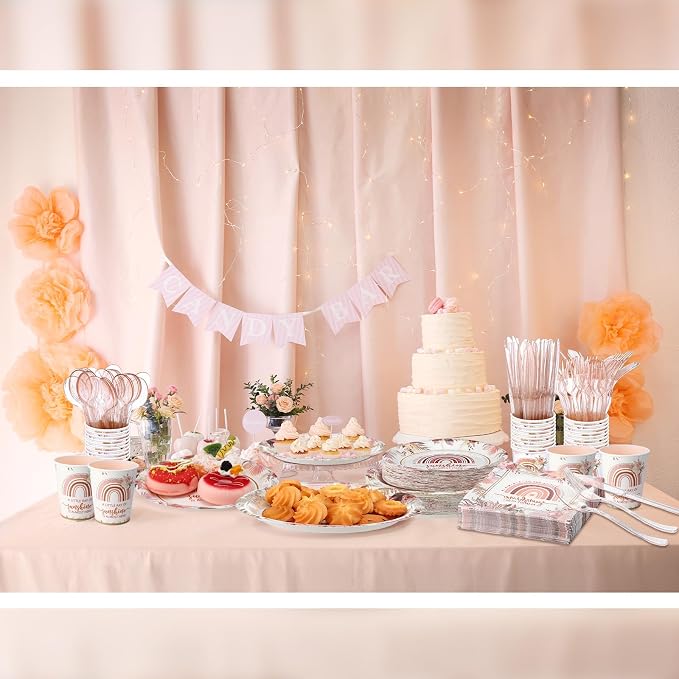 Ziliny 350 Pcs Boho Sunshine Baby Shower Party Supplies Rainbow Paper Plates Napkins Cups and Plastic Cutlery Party Tableware Set for Baby Shower Birthday Decorations, Serves 50