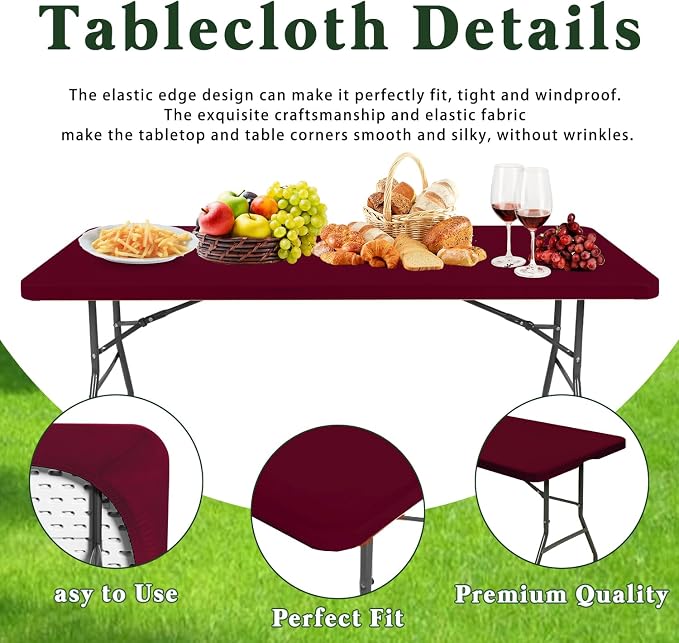 6 Pack 8 Foot Picnic Table Cover Fitted Elastic Tablecloth for Rectangle Tables Waterproof Stretch Washable Folding Indoor Outdoor Spandex Table Cloth for Parties Banquet Camping (Wine Red,30" x 96")