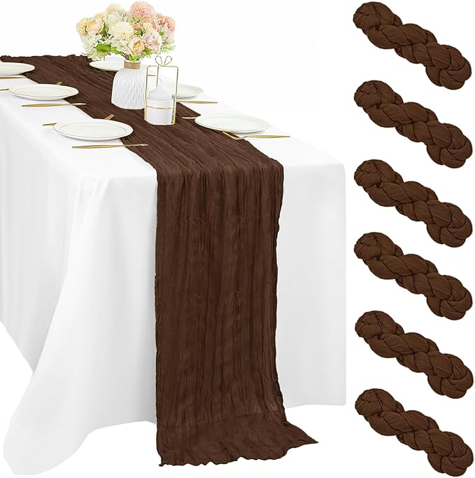 6 Pcs Cheesecloth Table Runner 10FT Brown Runner for Tables Gauze Fabric 35 x 120 Inches Long Boho Table Runner Decor Rustic Sheer Runner for Wedding Birthday Bridal Shower Party (Brown)