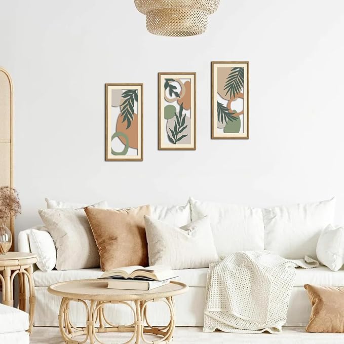 IARTTOP Sage Green Bedroom Wall Art Framed Set of 3 Boho Aesthetic Wood Wall Decor Neutral Botanical Abstract Artwork for Living Room Bedroom Office 7.9 x15.8 Inch
