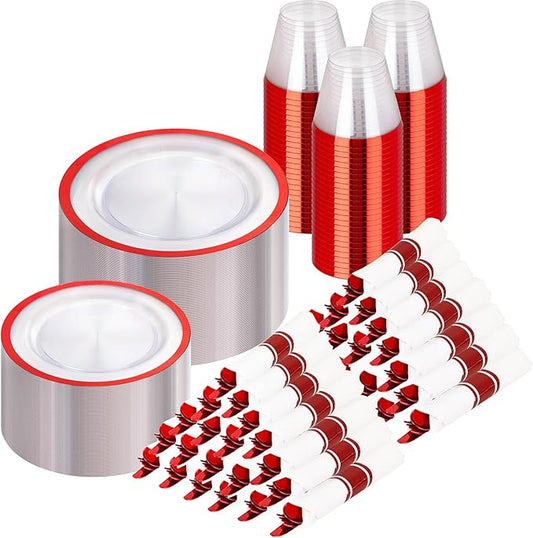 I00000 700 Piece Red Plastic Dinnerware Set for Party, Clear Disposable Plates for 100 Guests, Include: 100 Dinner Plates, 100 Dessert Plates, 100 Pre Rolled Napkins with Cutlery Set, 100 Cups