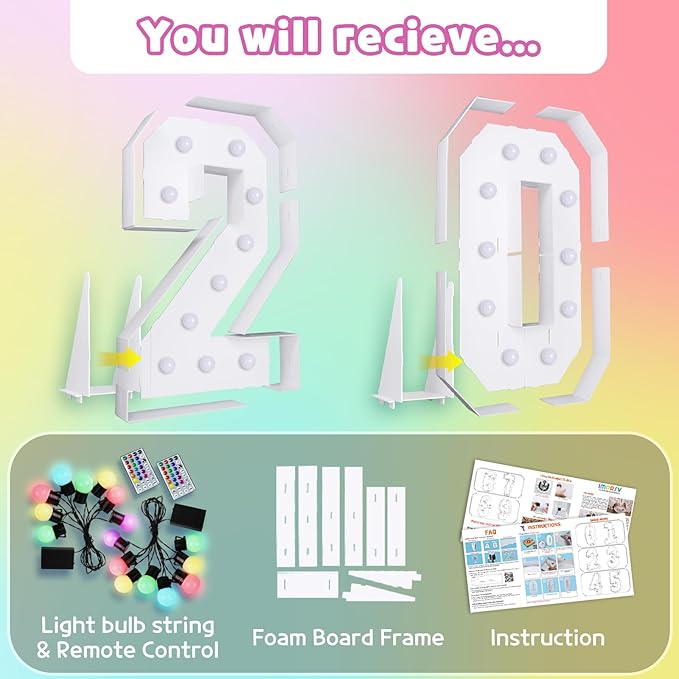 Marquee Numbers Colorful 20th Birthday Decoration: 4FT Large Light Up 20 Year Old Birthday Decorations Anniversary Backdrop Cardboard Sign 18 Colors Number 20 Mosaic Balloon Frame
