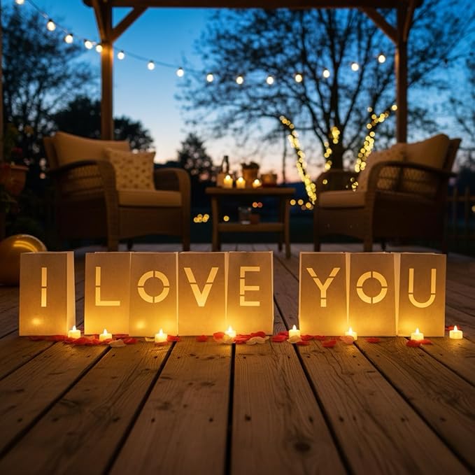 I Love You Light Up Letters Signs, Romantic Proposal Anniversary Valentines' Day Decorations with Luminary Paper Bags, 30 LED Tea Light Candles, Red Heart Balloons, Artificial Rose Petals