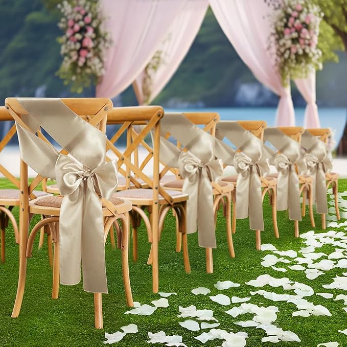50 Pcs Taupe Satin Chair Sashes Bows Universal Chair Cover for Wedding Reception Events Banquets Party, Hotel Event Decorations, 6 x 108 inch