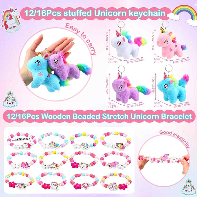 Remuuly 100 Pcs 16 Sets Unicorn Party Favor Mini Unicorn Stuffed Animals Bulk Plush Keychains Bracelet Gift Box Sticker for Adopt an Animals Favors Birthday Goodie Bag Supplies Fillers Stuffers
