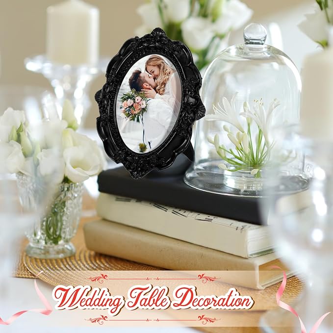 Maitys 5 Pcs Mini Picture Vintage Frames with Stands Tiny Antique Photo Baroque Ornate Resin Oval Frame Table Top Display Home Wedding Decor (Black)