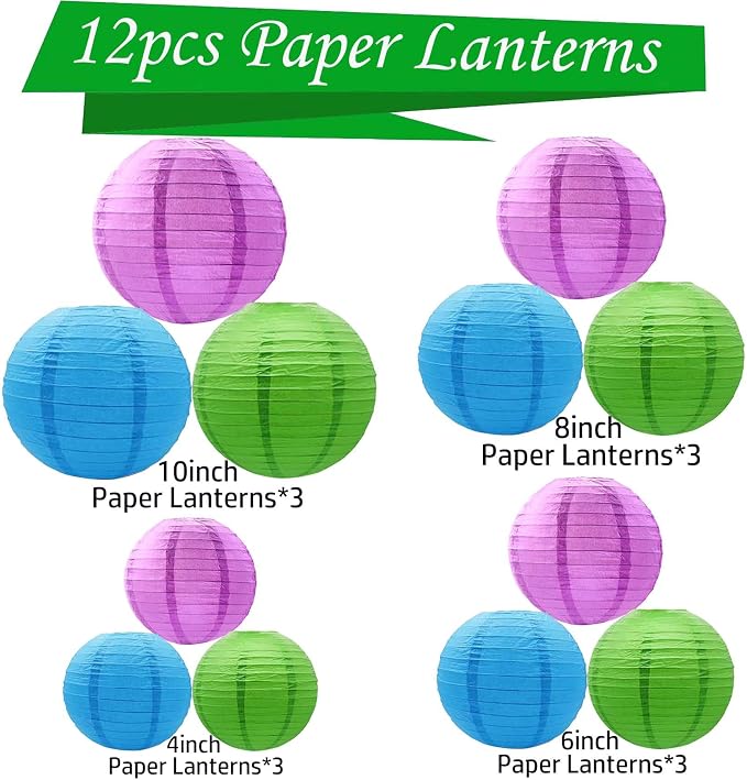 Purple -Green and Blue Paper Lanterns 12Pcs Hanging Lanterns for Birthday Party, Wedding, Home Decor, Baby Shower Festive Decoration