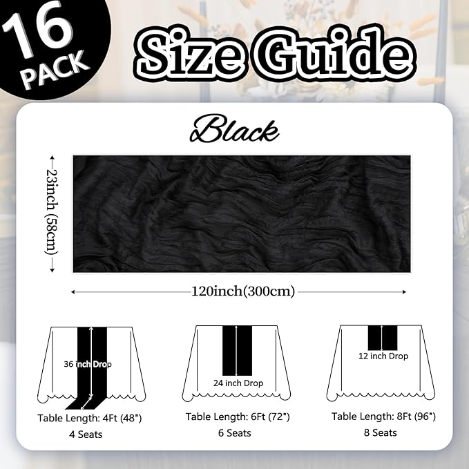 16 Pack Table Runner Black Cheesecloth 10ft Boho Gauze Fabric 120 Inch Cheese Cloth Table Runner Rustic Sheer for Holiday Baby Shower Party Décor Home Wedding Decoration
