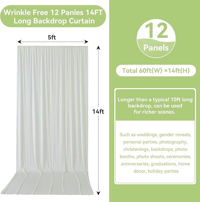 10ftx14FT Wrinkle Free Ivory Backdrop Curtain, 2 Panels 14FT Height Ivory Wedding Backdrop Drapes, Silky Polyester Back Drop Cloth for Birthday Photography Background Party Backdrop Draping