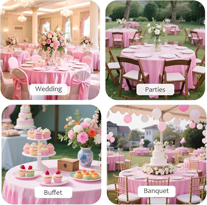60 Inch Pink Round Tablecloth - Stretch Spandex Fitted Table Cover with Elastic Skirt Edge, Wrinkle-Free & Reusable for 5FT Tables Wedding Banquet Party Birthday Buffet