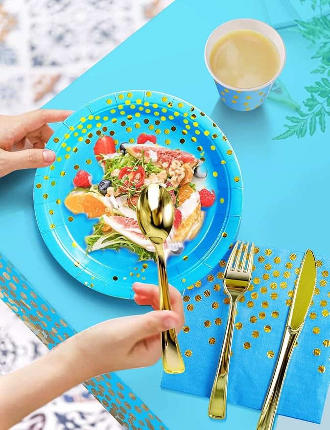 Nkaiso 141 Pieces Sky Blue Gold Party Supplies, Disposable Party Decorations Sets Include Paper Plates Napkins Cups, Plastic Forks Knives Spoons, for Baby Shower Birthday Wedding -20 Guests