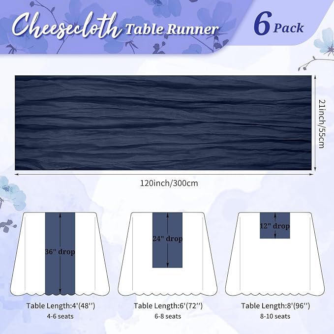 Navy Blue Cheesecloth Table Runner 6 Pack 10FT - Boho Gauze Sheer Rustic Crinkled Table Runners for Wedding Party Baby Shower Bridal Decor