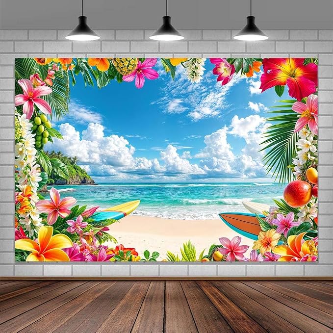 15x10ft Summer Beach Backdrop Tropical Hawaii Palm Tree Floral Photography Backdrops Blue Sea Sky Sunshine Luau Party Photo Background Wedding Bride Shower Baby Birthday Party Banner Supplies Props