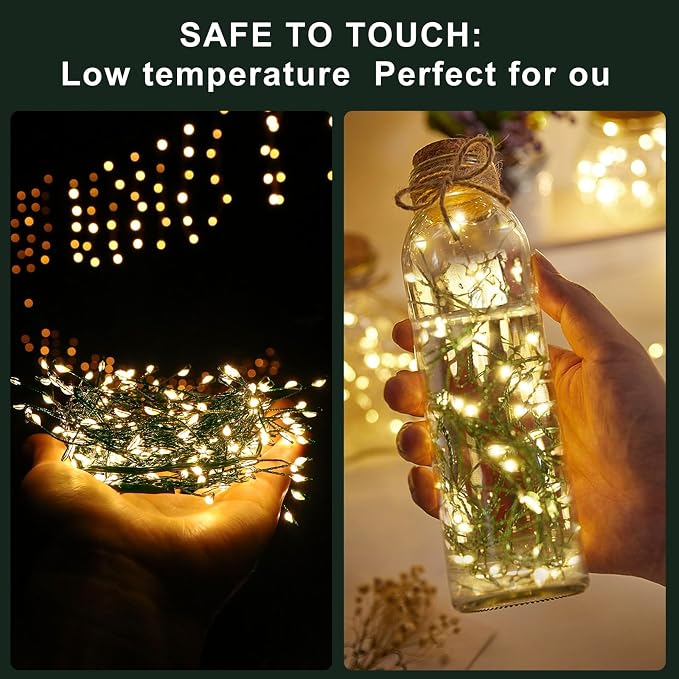 2Pack Outdoor Fairy Lights Battery Operated,10Feet 100LED Green Copper Wire Cluster Lights with 8 Modes and Timer,Twinkle String Lights, Mini Lights for Christmas Tree Wreath Wedding,Warm White