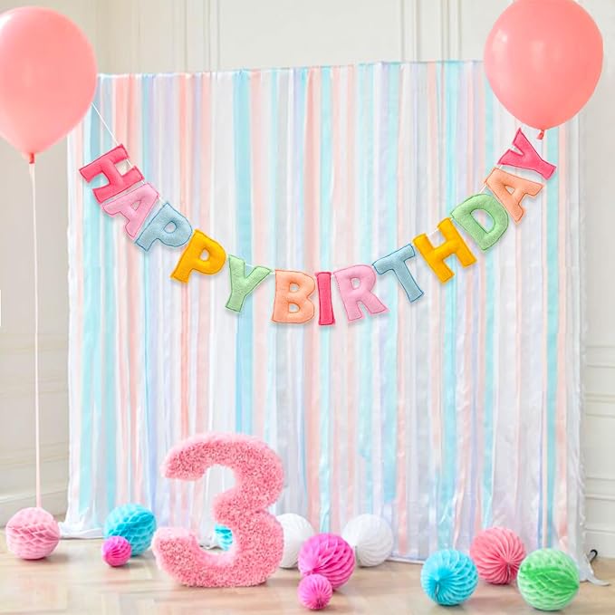 Pre-Strung 3D Pastel Felt Happy Birthday Banner, Handmade Macaron Color Birthday Garland for Party Decorations, Reusable Happy Birthday Sign for Kids Party Supplies Girls Women Rainbow Party Décor