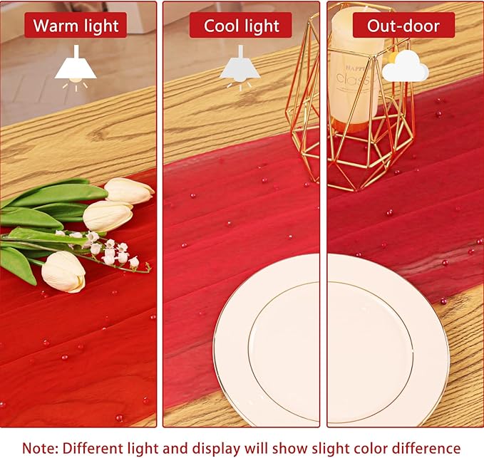 Fivenl 12 Pack 10FT Pearl Table Runner 30x120 Inch Red Tulle Fabric Boho Rustic Sheer Table Runners Lace Table Cloth for Wedding Bridal Shower Birthday Party Arch Veil Dessert Table Decor (Red)