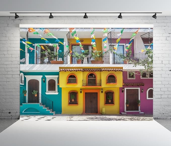 BELECO 15x10ft Fabric Old Streets Backdrop Traditional Colorful Houses Building Paper Flags Mexican Fiesta Background Theme Party Decorations Photo Booth Studio Props