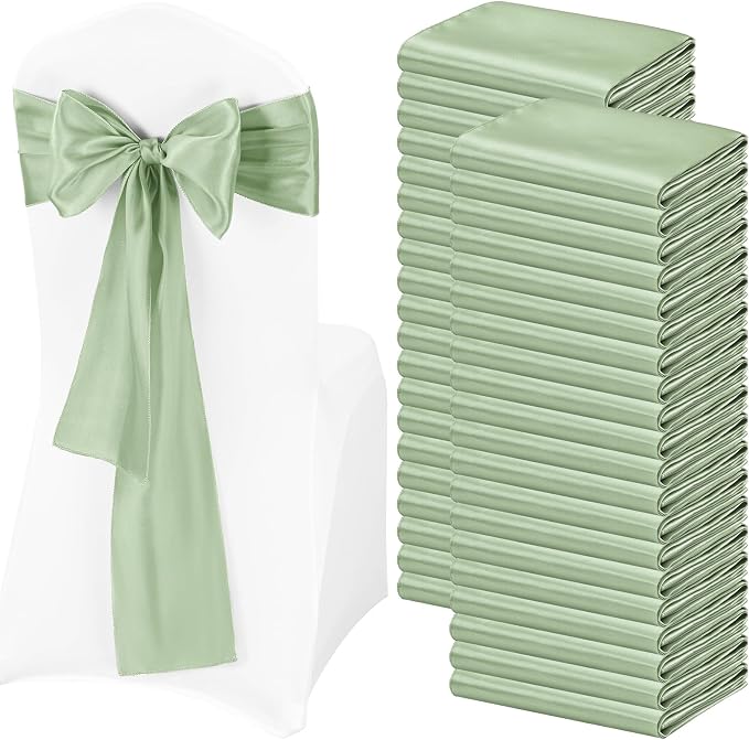 Pesonlook 120 PCS Sage Green Satin Chair Sashes Bows Satin Chair Sashes Universal Chair Cover for Wedding Reception Restaurant Event Decoration Banquet,Party,Hotel Event Decorations (7 x 108 inch)