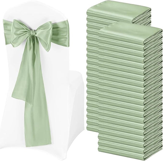 Pesonlook 120 PCS Sage Green Satin Chair Sashes Bows Satin Chair Sashes Universal Chair Cover for Wedding Reception Restaurant Event Decoration Banquet,Party,Hotel Event Decorations (7 x 108 inch)