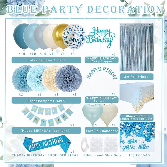 Blue Birthday Decorations Set, Blue Party Decoration Balloons with HAPPY BIRTHDAY Banner, Pom Poms, Fringe Curtain Background, Birthday Crown, Shoulder Strap for Boho Partys Girls Women Party Supplies