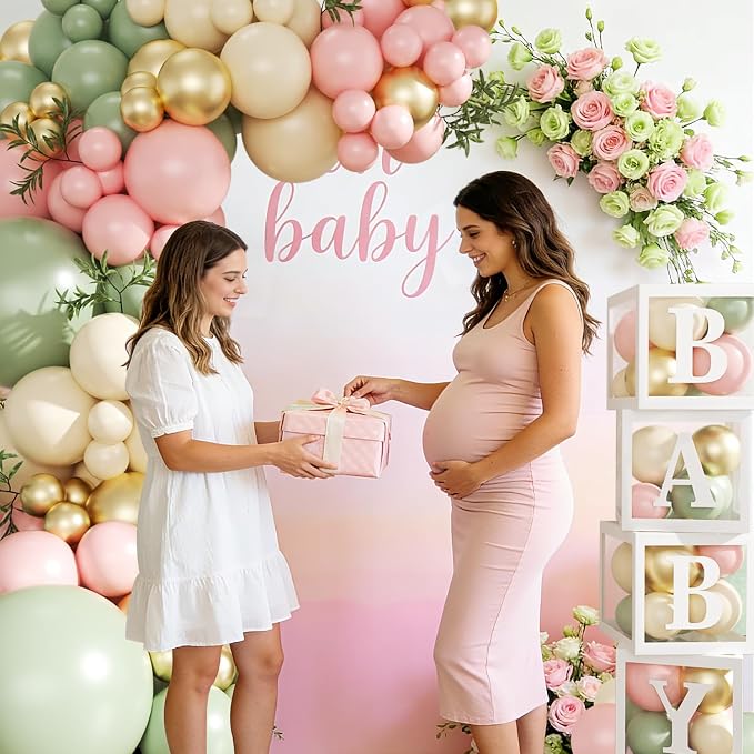 Pink and Green Gold Balloon Arch Kit, 132Pcs Pink and Green Baby Shower Decorations with Baby Boxes Letters for Girls Boho Baby Shower Gender Reveal Birthday Party Decorations