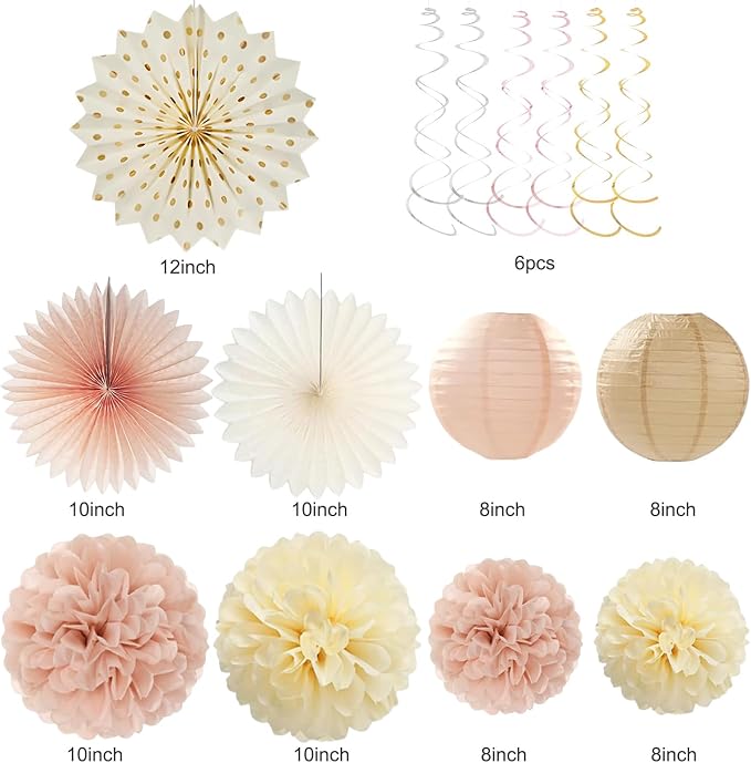 Champagne Gold Beige Baby Shower Party Decorations, Welcome Baby Banner, Paper Pompoms, Lanterns, Fans, Hanging Swirls, Circle Dots Garland Tassel Garland for Baby Shower Decorations 37pcs