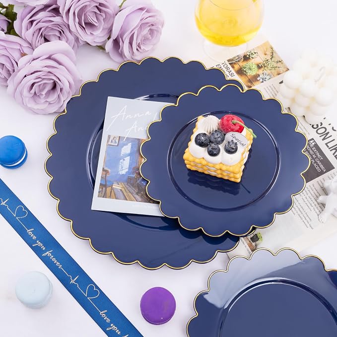 LIYH 60 Pcs Navy Blue Plastic Scalloped Plates with Gold Rim, Blue and Gold Disposable Patriotic Plates for Party Included 30 Dinner Plate 10.25 30 Dessert Plate 7.5 Inch for Party