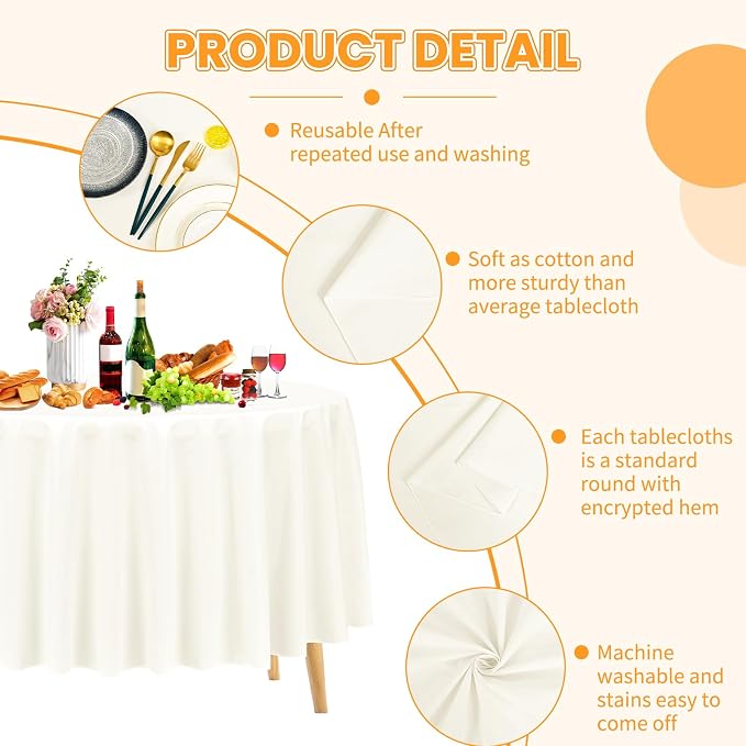 Pesonlook 12 Pack Round Tablecloth Ivory Polyester 120 Inch Washable Fabric Round Table Cover Ivory Tablecloth for Wedding/Party/Banquet/Dining/Buffet Table