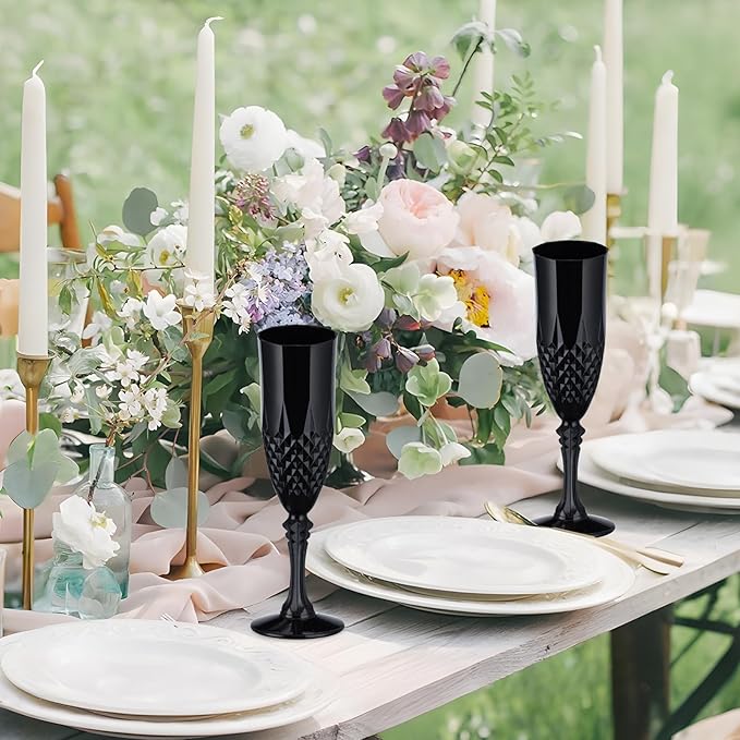 7.1OZ Plastic Champagne Flutes,48PCS Black Glassware Wine Glasses Goblets Shatterproof Mimosa Bar Reusable Vintage Champagne Flutes Stemmed Drinking Cups for Weddings ,Parties, Toasting,Halloween