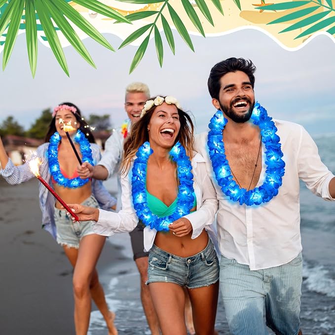 Sherr 48 Pcs LED Hawaiian Leis Light up Flower Leis Necklace with LED Lights Luau Flowers Necklaces for Masquerade Beach Wedding Tropical Themed Party Supplies(Bright Blue)