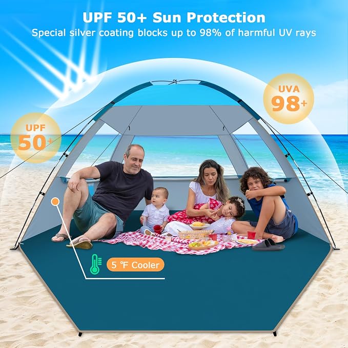 COMMOUDS Beach Tent Sun Shelter for 3/4/6/8 Person, UPF 50+ UV Protection Beach Shade Canopy Tent, Lightweight, Easy Set Up and Carry